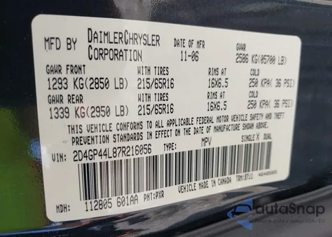 2007 Dodge Grand Caravan Sxt from USA, damaged, VIN 2D4GP44L87R216056